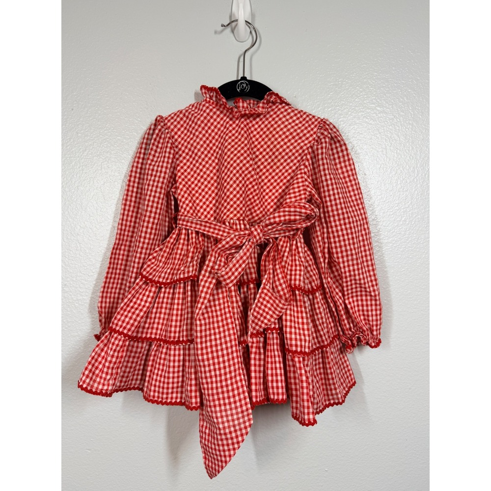 Gingham‎ Dress Girls 3T Red White Checkered Tiered Ruffle Long Sleeve Americana